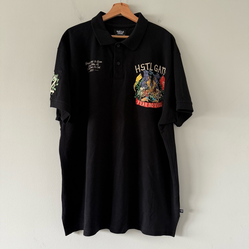 Hustle Gang Polo‎ Mens 3XL Black Embroidered Streetwear Preppy Hip Hop Gangster